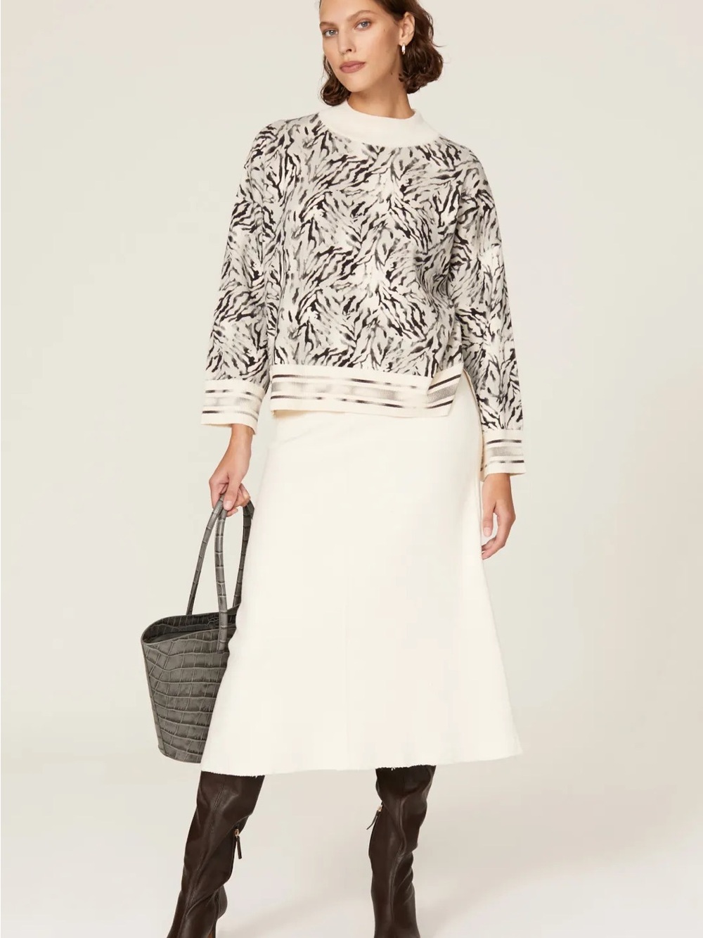 Zebra print crewneck cashmere cotton mix sweater